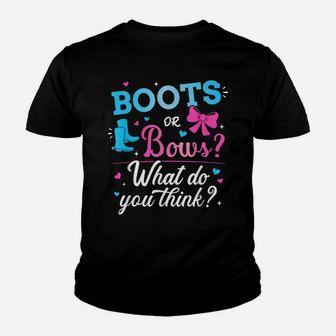 Gender Reveal Boots Or Bows What Do You Think Baby Party Youth T-shirt | Crazezy