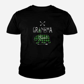 Grandma Bear Family Buffalo Plaid Green Xmas Camping Youth T-shirt | Crazezy