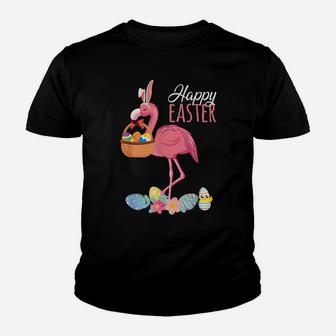 Happy Easter Flamingo With Easter Egg Basket Hunting Youth T-shirt | Crazezy UK