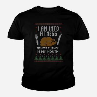 Into Fitness Funny Saying Fitness Turkey In My Mouth Holiday Youth T-shirt | Crazezy