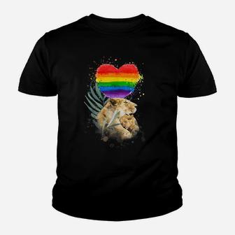 LGBTQ Pride Mommy Lion With Baby Rainbow Heart Love Youth T-shirt | Crazezy