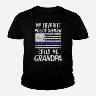 Mens Mens My Favorite Police Officer Calls Me Grandpa Thin Blue Youth T-shirt | Crazezy