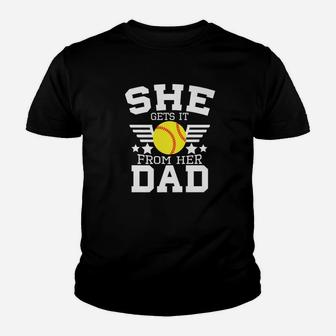 Mens She Gets It From Her Dad Softball Father Daddy Coach Youth T-shirt | Crazezy CA