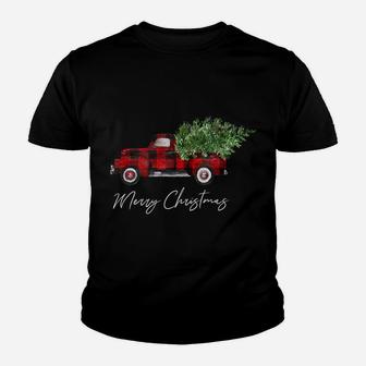 Merry Christmas Buffalo Plaid Red Truck Tree For Men Women Youth T-shirt | Crazezy