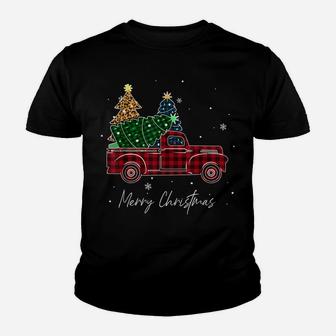 Merry Christmas Leopard Buffalo Truck Tree Red Plaid Youth T-shirt | Crazezy