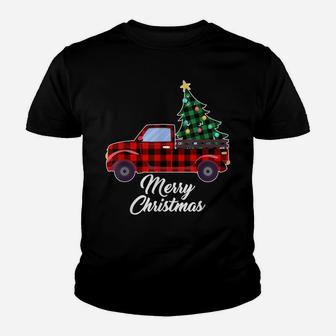 Merry Christmas Tree Buffalo Plaid Red Truck Youth T-shirt | Crazezy