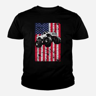 Monster Truck American Flag Racing Usa Patriotic Youth T-shirt | Crazezy