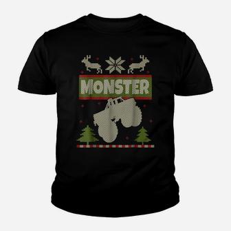 Monster Truck Ugly Christmas Sweater Shirt Big Cars Xmas Tee Youth T-shirt | Crazezy