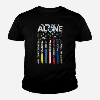 No One Fights Alone Usa Flag Thin Line Military Police Nurse Youth T-shirt | Crazezy