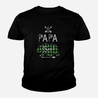 Papa Bear Buffalo Plaid Green Family Christmas Camping Youth T-shirt | Crazezy