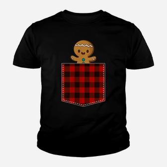 Red Plaid Gingerbread Cookie In Pocket Buffalo Christmas Youth T-shirt | Crazezy