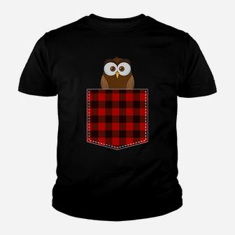 Red Plaid Owl In Pocket Buffalo Family Pajama Christmas Youth T-shirt | Crazezy
