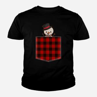 Red Plaid Snowman In Pocket Buffalo Family Pajama Christmas Youth T-shirt | Crazezy