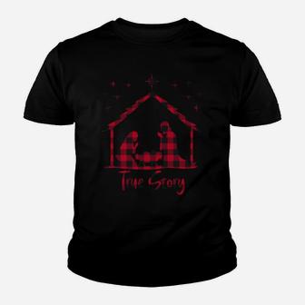 Red Plaid True Story Of Jesus Birth Christmas Nativity Sweatshirt Youth T-shirt | Crazezy