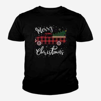 Red Truck Christmas Shirt Buffalo Plaid Merry Christmas Youth T-shirt | Crazezy