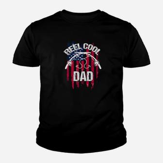 Reel Cool Dad Fishing Daddy Gift Rod Flag Bass Fish Youth T-shirt | Crazezy