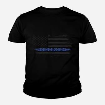 Retired Police Officer Blue Line Distressed American Flag Sweatshirt Youth T-shirt | Crazezy