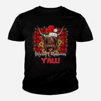 Scottish Hairy Cow Mom Heifer Merry Christmas Y'all Xmas Youth T-shirt | Crazezy