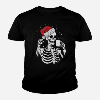 Skeleton Santa Hat Drinking Coffee Funny Christmas Gifts Youth T-shirt | Crazezy DE