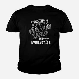 The Girl Runs On Jesus And Gymnastics Funny Gym Gift Youth T-shirt | Crazezy