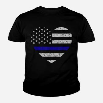 Thin Blue Line American Flag Heart Police Youth T-shirt | Crazezy AU