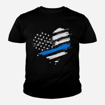 Thin Blue Line Flag Heart Style Law Enforcement Vintage Sweatshirt Youth T-shirt | Crazezy