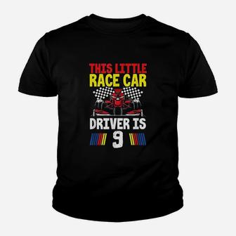 This Little Race Car Driver Is 9 Racing Birthday Party Youth T-shirt | Crazezy DE