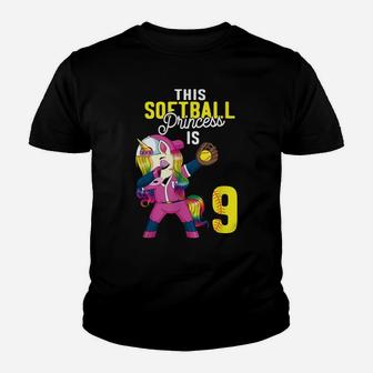 This Softball Princess Is 9Th Birthday Unicorn Dabbing Gift Youth T-shirt | Crazezy