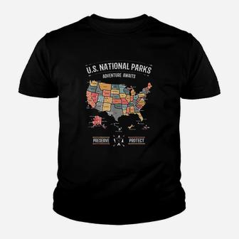 Us National Parks Map Preserve Protect Hiking Camping Youth T-shirt | Crazezy