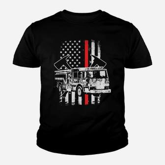 USA Flag Fire Truck Firefighter Thin Red Line Fireman Gift Youth T-shirt | Crazezy CA