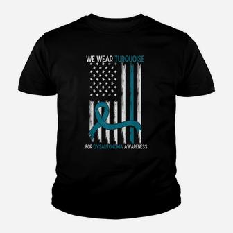 We Wear Turquoise For Dysautonomia Awareness Ribbon Usa Flag Youth T-shirt | Crazezy AU