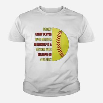 Behind Every Player Is A Mother Softball Gift Mother Day Youth T-shirt | Crazezy