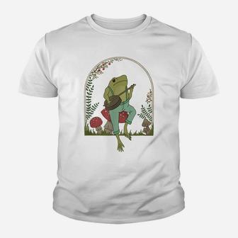 Cottagecore Aesthetic Frog Playing Banjo On Mushroom Cute Youth T-shirt | Crazezy