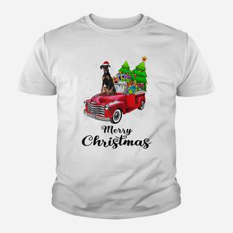 Doberman Pinscher Ride Red Truck Christmas Pajama Raglan Baseball Tee Youth T-shirt | Crazezy