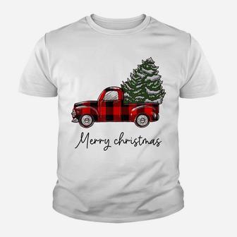 Funny Buffalo Plaid Red Truck Christmas Tree Shirt Youth T-shirt | Crazezy