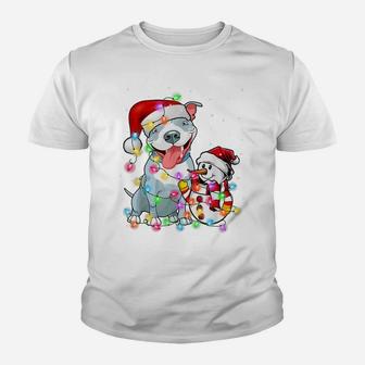 Funny Pitbull Dog Christmas Tee Snowman Xmas Lights Pajama Youth T-shirt | Crazezy