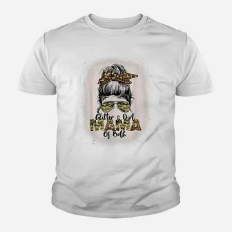 Glitter & Dirt Mama Of Both Leopard Camo Messy Bun Bleached Youth T-shirt | Crazezy