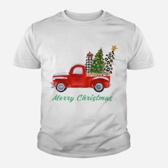 Merry Christmas Leopard Plaid Christmas Tree Shirt Red Truck Youth T-shirt | Crazezy