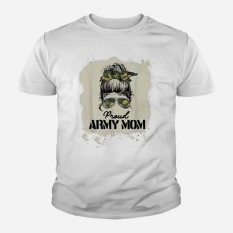 Proud Army Mom Camouflage Camo Messy Bun Bleached Youth T-shirt | Crazezy UK