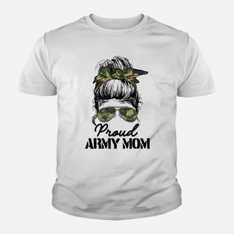 Proud Army Mom Camouflage Messy Bun Soldier Mother's Day Youth T-shirt | Crazezy