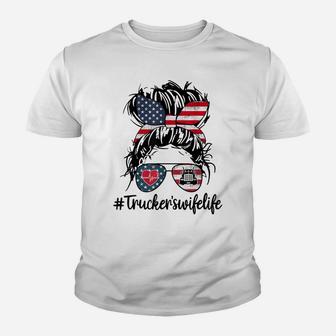 Trucker's Wife Life Truck 4Th Of July American Messy Bun Youth T-shirt | Crazezy