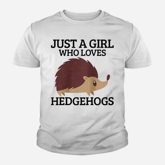Womens Just A Girl Who Loves Hedgehogs Hedgehog Mom Funny Cute Gift Raglan Baseball Tee Youth T-shirt | Crazezy