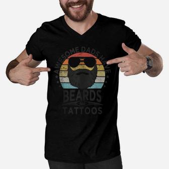 Awesome Dads Have Beards And Tattoos | Funny Bearded Dad Men V-Neck Tshirt | Crazezy