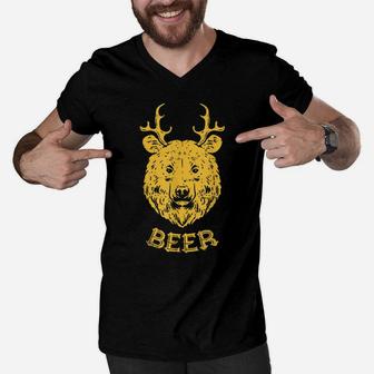 Bear Deer Beer Funny Drinking Hunting Camping Dad Uncle Gift Men V-Neck Tshirt | Crazezy DE