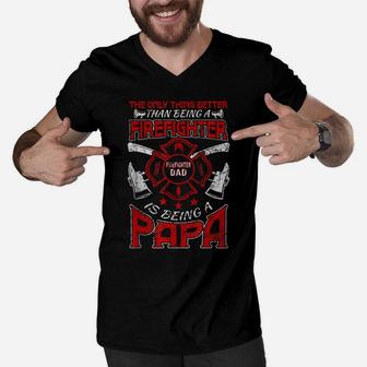 Firefighter Papa | Fire Fighter Dad For Fathers Day Fireman Men V-Neck Tshirt | Crazezy