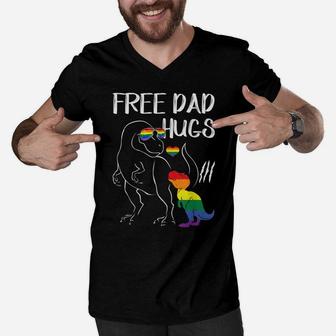 Free Dad Hugs Lgbt Pride Dad Dinosaur Rex Gift Men V-Neck Tshirt | Crazezy