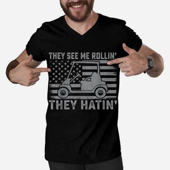 Funny Golfer Dad Husband Mens They See Me Rollin They Hatin Men V-Neck Tshirt | Crazezy DE