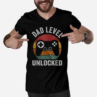 Funny New Dad Shirt Dad Level Unlocked Tee Shirt Gaming Men V-Neck Tshirt | Crazezy