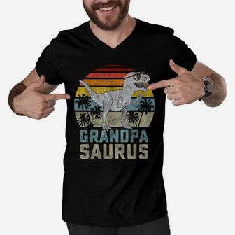 Grandpasaurus T Rex Dinosaur Grandpa Saurus Family Matching Men V-Neck Tshirt | Crazezy