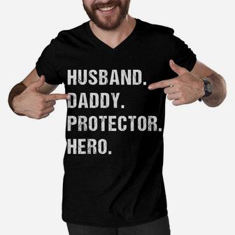 Husband Daddy Protector Hero Best Dad Fathers Day Gift Men V-Neck Tshirt | Crazezy UK